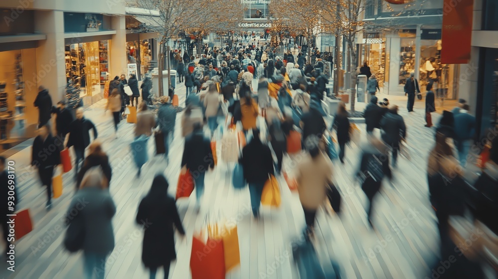 Obraz premium A bustling crowd of shoppers walks down a city street, carrying bags and enjoying the day.