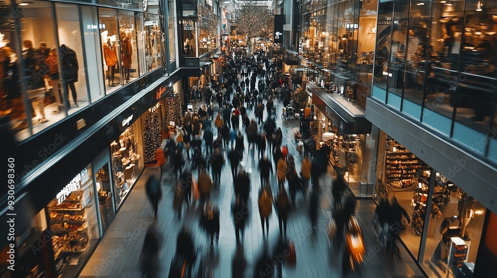 Obraz premium A bustling city street scene with people rushing by, blurred by motion.