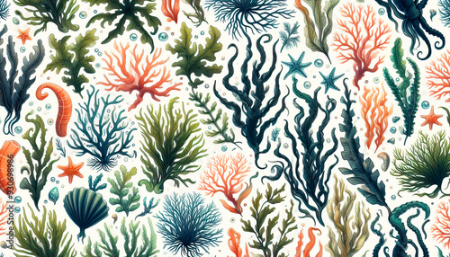 Fototapeta Naklejka Na Ścianę i Meble -  Watercolor seaweeds seamless pattern. Sea underwater plants, ocean coral reef and aquatic kelp, hand drawn marine flora background. hand drawn seaweed cartoon sketch aquarium