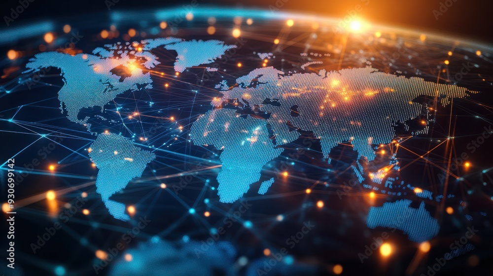 Fototapeta premium Abstract world map concept - global business network and connections, international data transfer and cyber technology.