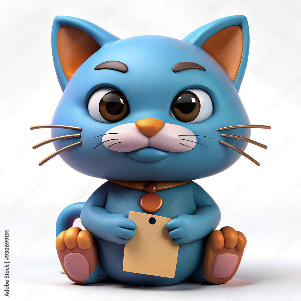 Adorable Blue Cat Character Holding a Small Card - 3D Illustration with Large Eyes and Collar Bell Adorable Blue Cat Character Holding a Small Card - 3D Illustration with Large Eyes and Collar Bell