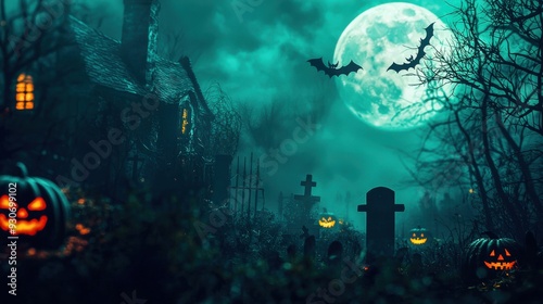 Wallpaper Mural Spooky Halloween background featuring pumpkins, bats, and haunted house silhouettes. The dark and eerie design includes a full moon and a misty graveyard, ideal for Halloween party invitations Torontodigital.ca