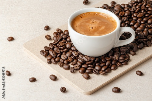 Coffee beans with cup of hot creamy black coffee on beige board . photo