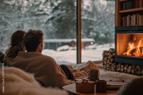 A couple cozily wrapped in blankets sits on a sofa, enjoying the warmth of a fireplace while gazing out at a snowy winter landscape through large windows. photo