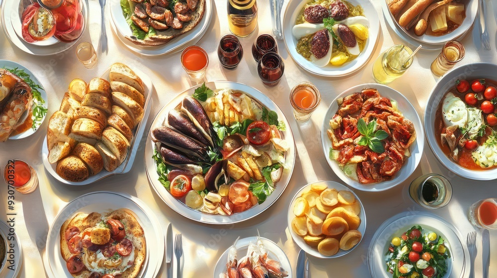 Full table of delicious Dinner party table European foods and drinks from top view, Happy dining time, buffet food dishes background. Full table of delicious Dinner party table European foods and drinks from top view, Happy dining time, buffet food dishes background.