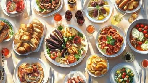 Full table of delicious Dinner party table European foods and drinks from top view, Happy dining time, buffet food dishes background.