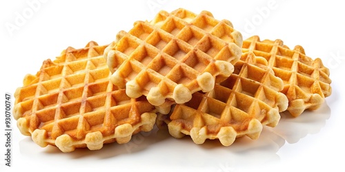 Freshly baked golden waffles with crispy edges and fluffy centers, arranged artfully on a clean white background, evoking a sense of morning comfort and serenity. photo