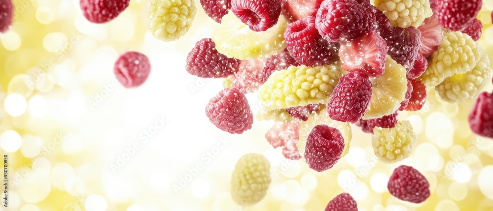 Vibrant mix of fresh raspberries and golden fruits falling against a bright, bokeh background, creating a sense of freshness and vitality. Vibrant mix of fresh raspberries and golden fruits falling against a bright, bokeh background, creating a sense of freshness and vitality.