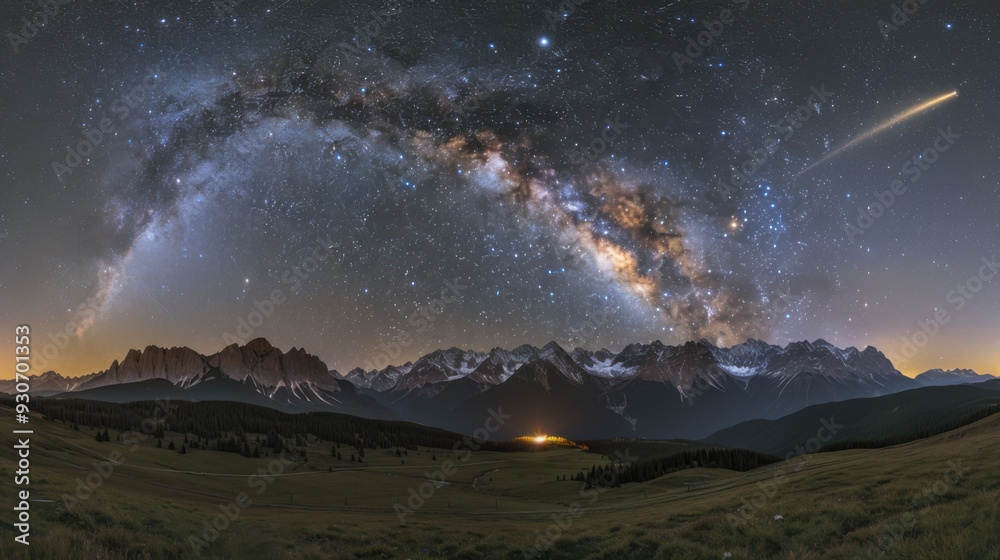 In the tranquil night, the Milky Way spans the sky, the majestic mountain range stands out clearly in the starlight, a meteor streaks across the night sky, disappearing on the horizon, a serene, myste In the tranquil night, the Milky Way spans the sky, the majestic mountain range stands out clearly in the starlight, a meteor streaks across the night sky, disappearing on the horizon, a serene, myste