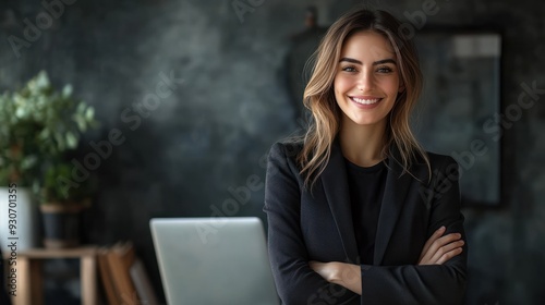 Portrait of a smiling business woman with her arms crossed with laptop genarative ai photo