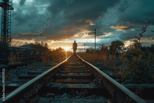 A person stands on the edge of a railroad track as the sun sets in the background, casting a warm glow