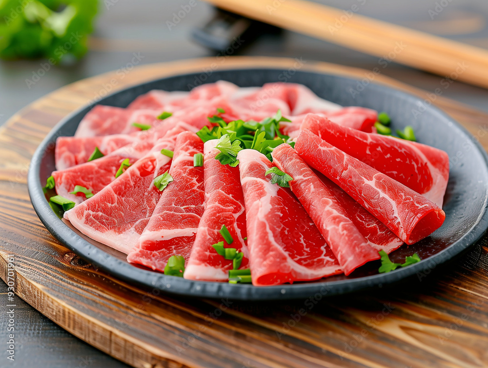 Sliced Meat Presentation on a Plate. Delicious Raw Meat Slices Artfully Arranged for Culinary Display. Fresh Food Styling with Garnish Sliced Meat Presentation on a Plate. Delicious Raw Meat Slices Artfully Arranged for Culinary Display. Fresh Food Styling with Garnish