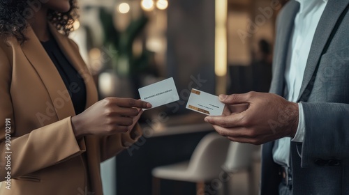 Two individuals exchanging business cards in a room at a networking event, emphasizing professional relationship building