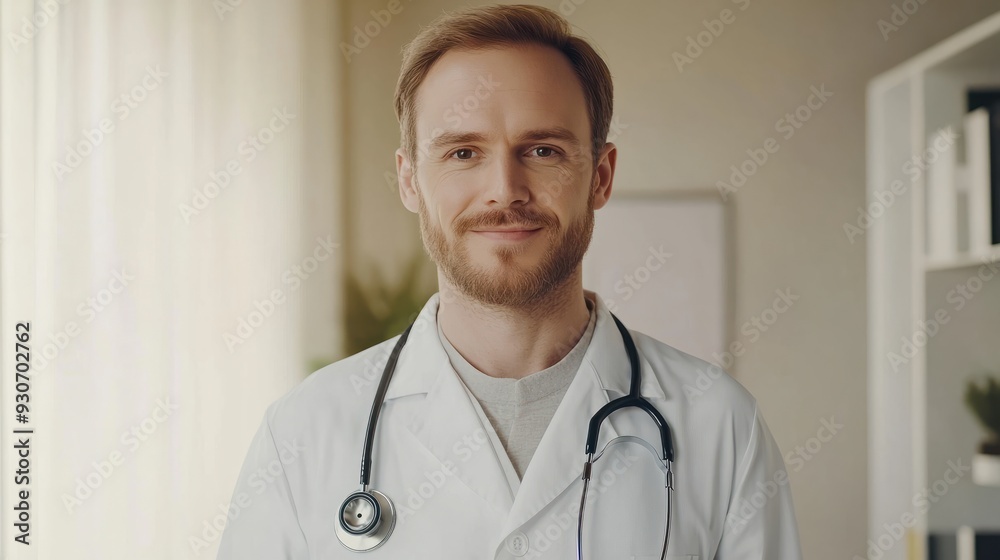 A successful respectable doctor in a white uniform and a stethoscope stands against the background of light walls in a modern clinic. Portrait of a handsome smiling doctor. Healthcare industry concept A successful respectable doctor in a white uniform and a stethoscope stands against the background of light walls in a modern clinic. Portrait of a handsome smiling doctor. Healthcare industry concept