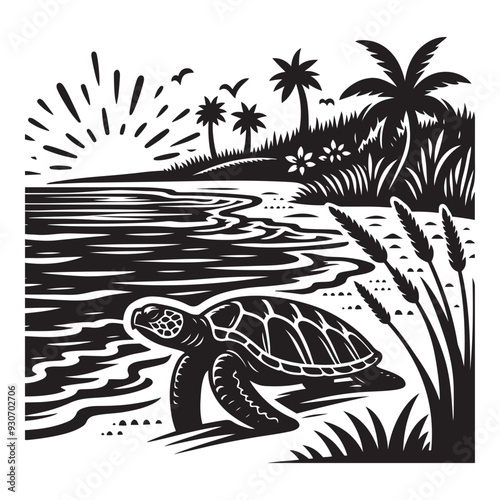 Turtle vector art, Turtle silhouette, Turtle illustration, Turtle black and white vector, black and white Turtle, Sea Turtle silhouette, Turtle black and white vector illustration, turtle on the beach