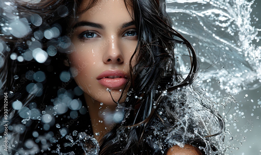 Close-up of a brunette woman with wet hair, blue eyes, and glowing skin, surrounded by water droplets. Free copy space for text. Close-up of a brunette woman with wet hair, blue eyes, and glowing skin, surrounded by water droplets. Free copy space for text.