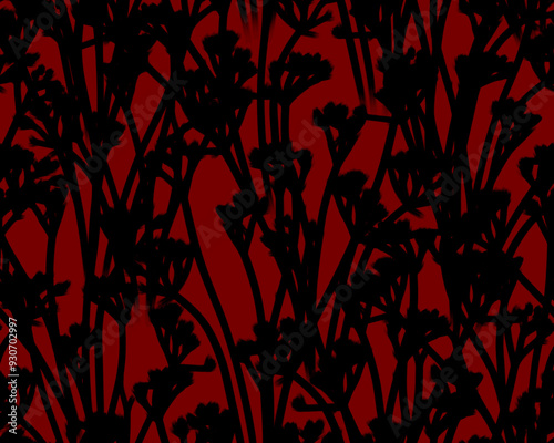 Gothic style seamless pattern with soft blurry poppies flowers. Halloween themed graphic print for clothing, fabric, wallpaper, home decor, wrapping paper photo