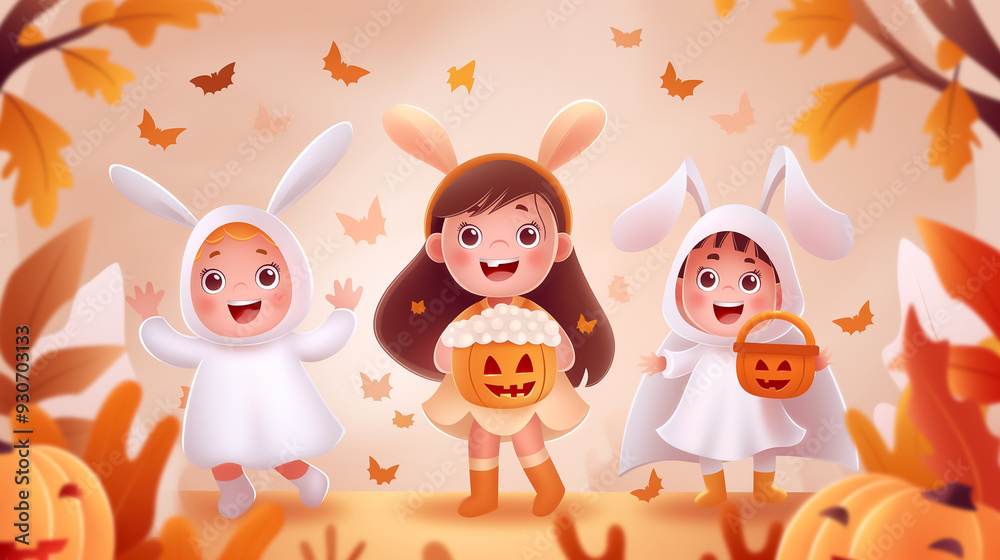 Three excited children dressed in cute costumes enjoy Halloween among autumn leaves and pumpkins Three excited children dressed in cute costumes enjoy Halloween among autumn leaves and pumpkins