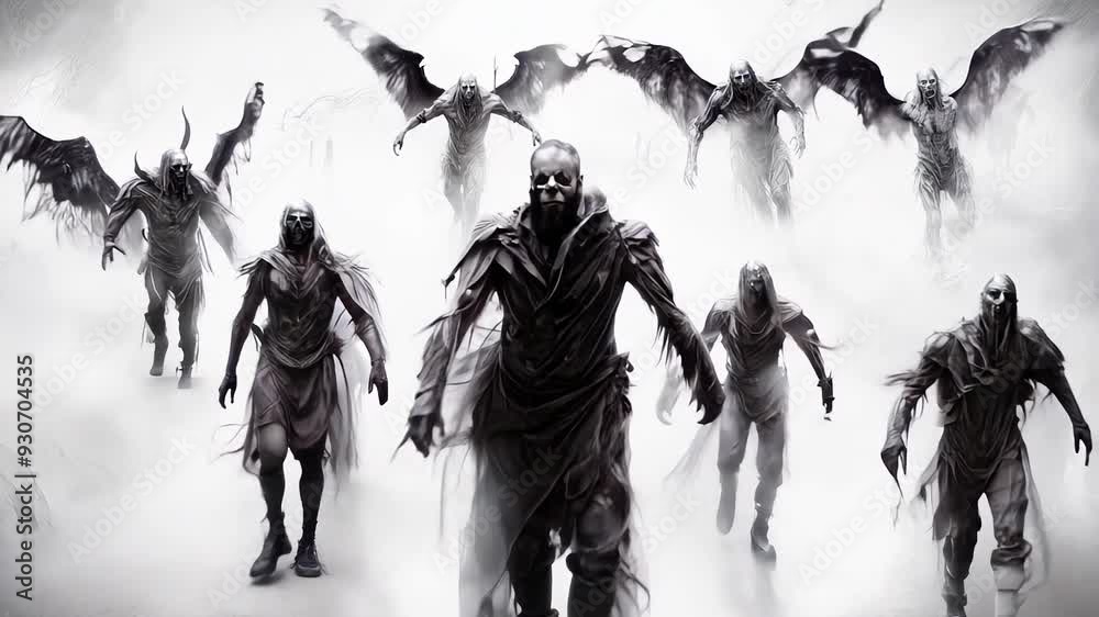 A group of undead creatures are walking through a foggy, misty landscape