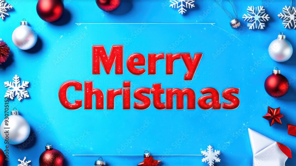Naklejka premium Merry Christmas and Happy Holidays greeting card, frame, banner. New Year. Noel. White Christmas white and red ornaments on blue background top view. Winter holiday xmas theme. Flat lay