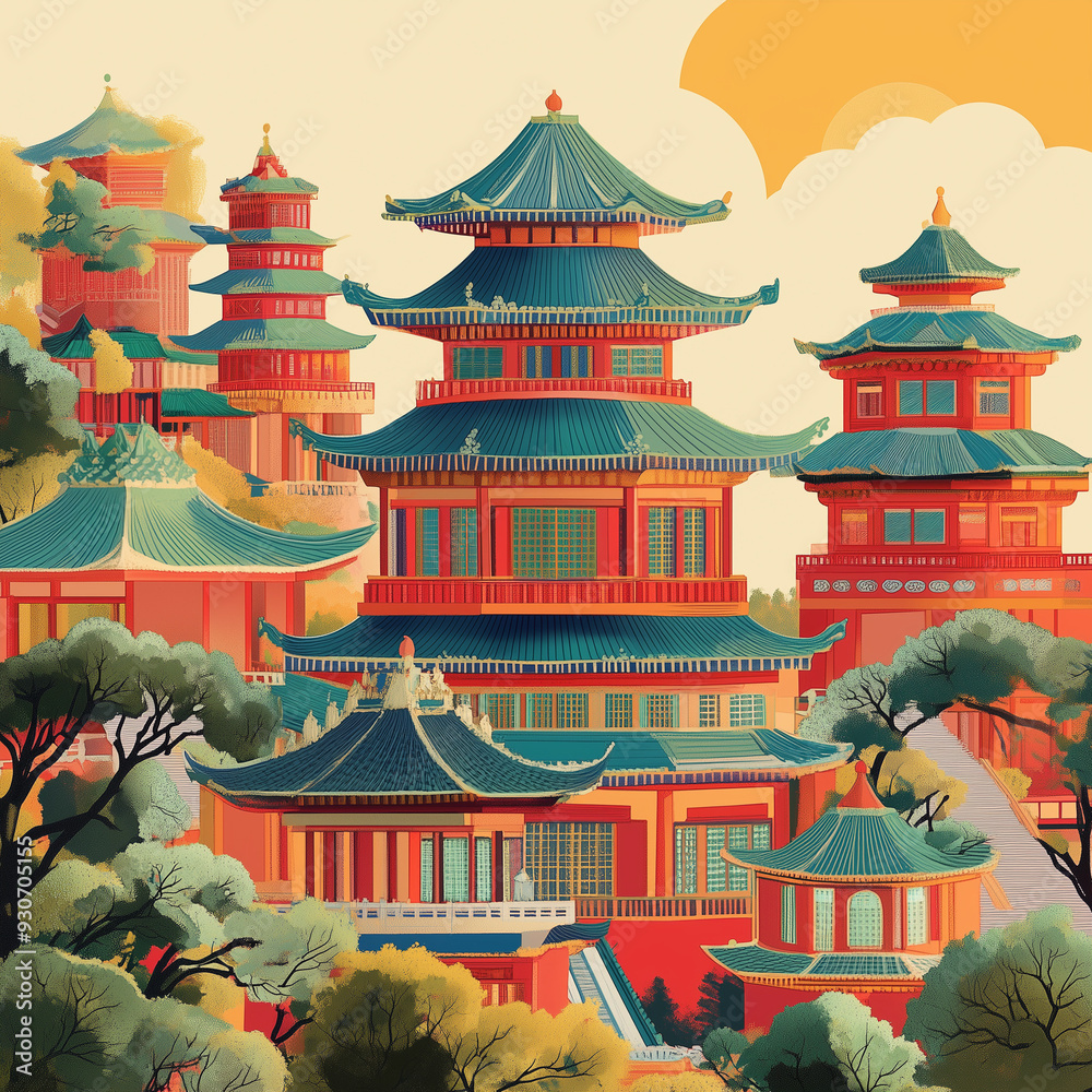 Obraz premium Scenic Illustration of Traditional Asian Pagodas in Sunset Landscape 