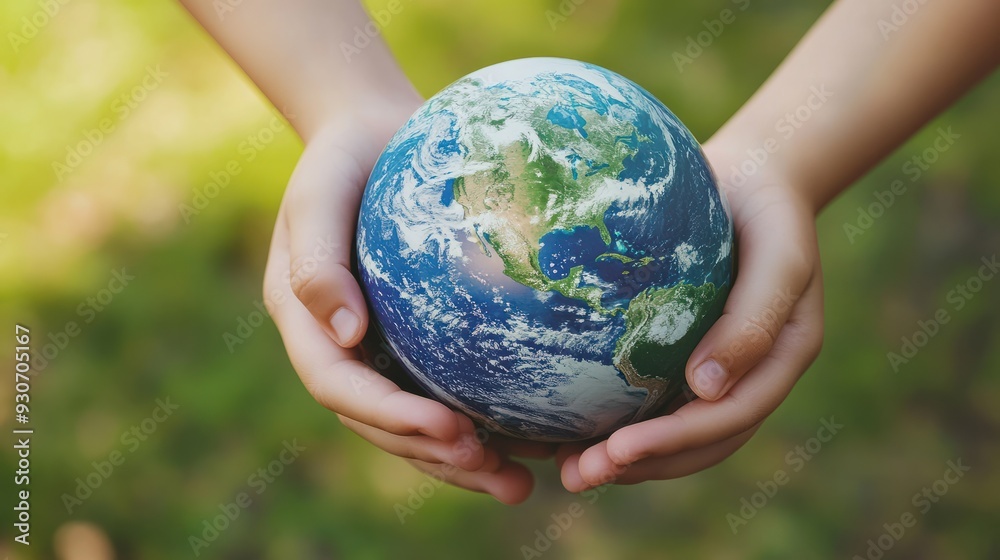 Globe planet earth in children's hands on a green background. The concept of preserving environmental ecology, recycling, and controlling greenhouse gas emissions Globe planet earth in children's hands on a green background. The concept of preserving environmental ecology, recycling, and controlling greenhouse gas emissions