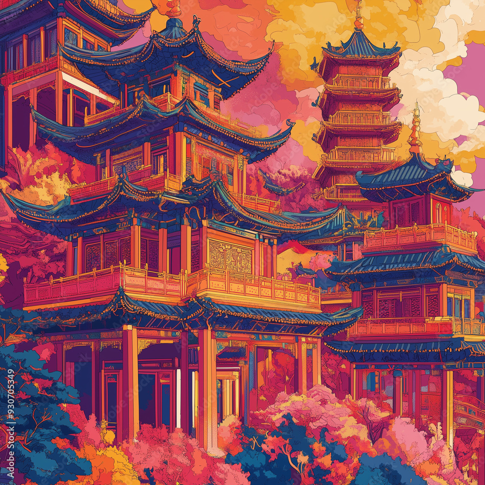 Fototapeta premium Vibrant Illustration of Asian Temples in Colorful Landscape 