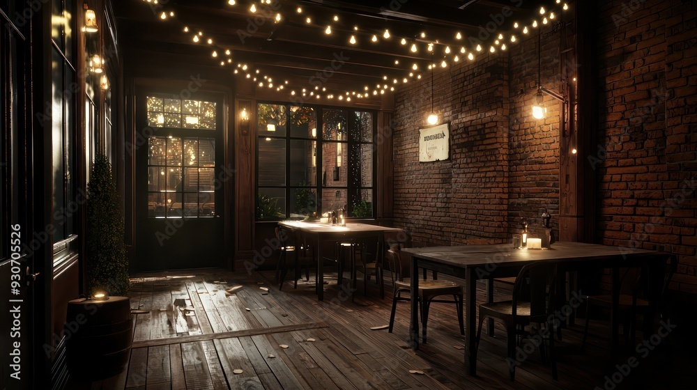 Fototapeta premium A dimly lit restaurant with a sign on the wall that says 