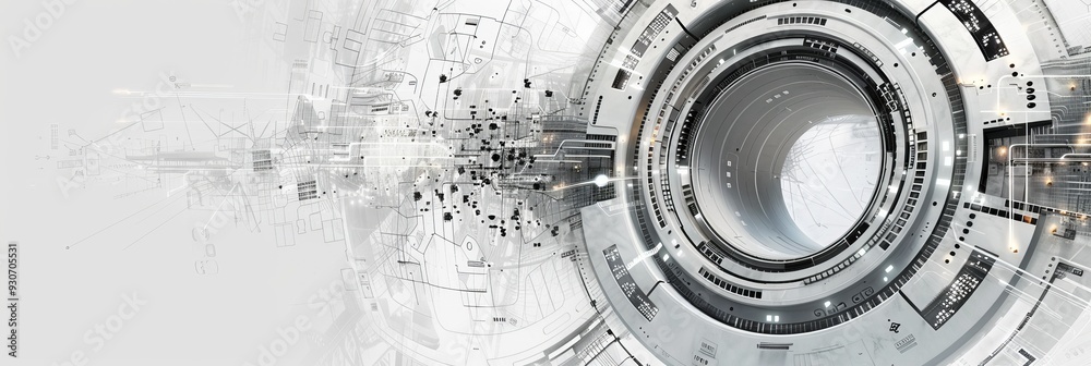 Abstract grey and white technology background with tech elements, featuring a circular empty space Abstract grey and white technology background with tech elements, featuring a circular empty space