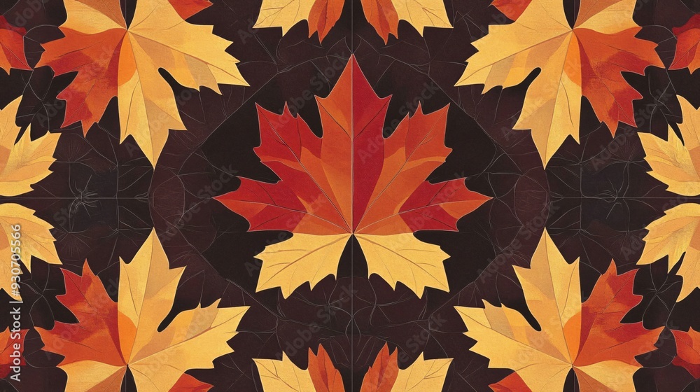 A geometric pattern of stylized maple leaves in deep red, orange, and yellow, arranged in a tessellated design with a dark brown backdrop A geometric pattern of stylized maple leaves in deep red, orange, and yellow, arranged in a tessellated design with a dark brown backdrop