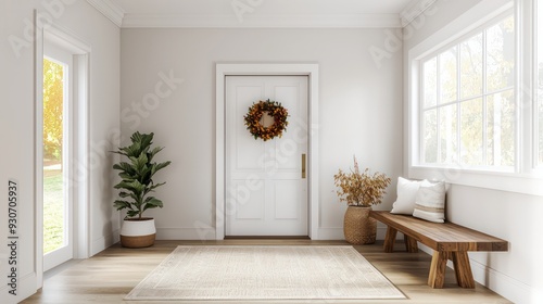 A white door with a wreath on it is in front of a window. The room is empty and has a clean, minimalist look