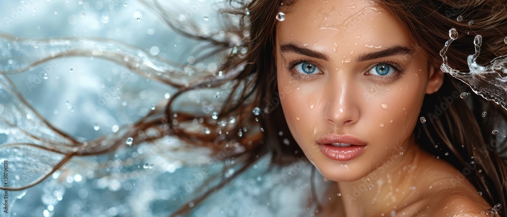 Close-up of a brunette woman with wet hair, blue eyes, and glowing skin, surrounded by water droplets. Free copy space for text. Close-up of a brunette woman with wet hair, blue eyes, and glowing skin, surrounded by water droplets. Free copy space for text.