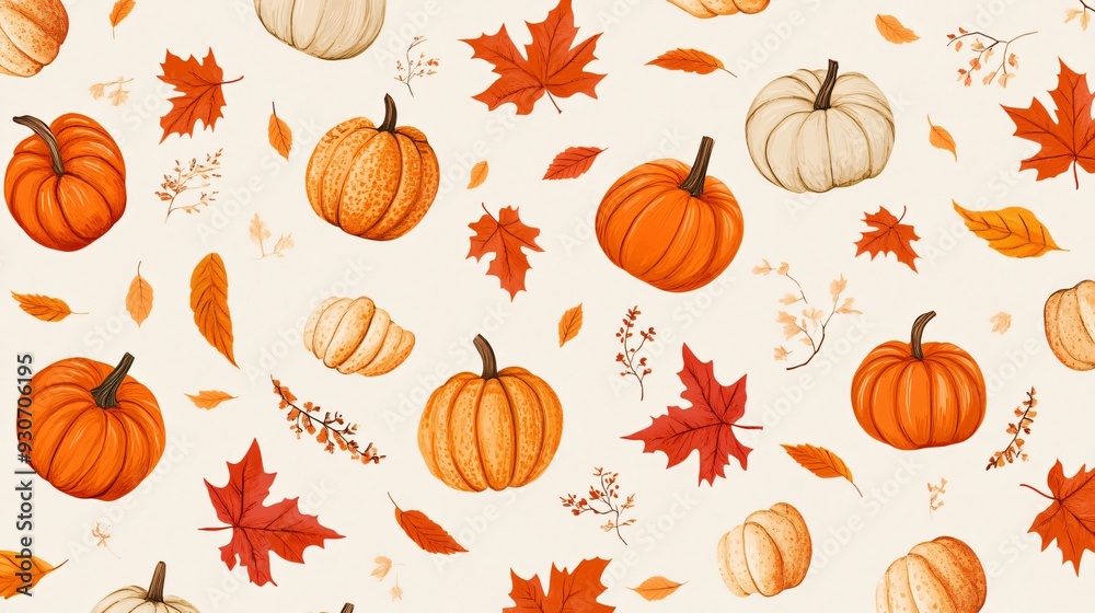A playful pattern of pumpkins, gourds, and autumn leaves, arranged in a whimsical, swirling design with a light beige background A playful pattern of pumpkins, gourds, and autumn leaves, arranged in a whimsical, swirling design with a light beige background