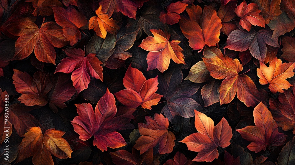 A repeating pattern of autumn leaves, each one intricately detailed and shaded in rich hues, set against a dark, textured background A repeating pattern of autumn leaves, each one intricately detailed and shaded in rich hues, set against a dark, textured background
