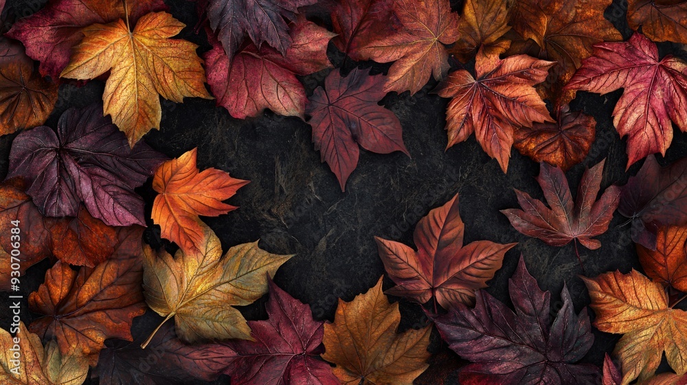 A repeating pattern of autumn leaves, each one intricately detailed and shaded in rich hues, set against a dark, textured background A repeating pattern of autumn leaves, each one intricately detailed and shaded in rich hues, set against a dark, textured background