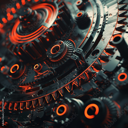 Futuristic Mechanical Gear System with Glowing Orange Elements 