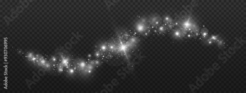 Magic trail twinkles with flare particles. Glittering dust with brightening stars. Brightening wave flow shines on transparent background.