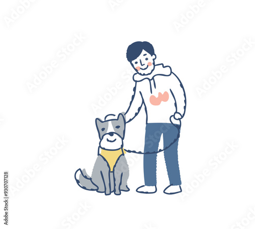 おすわりしている犬と飼い主の男性