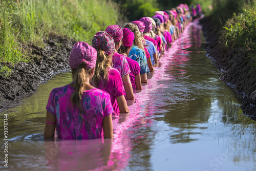 Women in pink bandanas form human chain on bridge, ribbon reflection. Breast Cancer Awareness photo