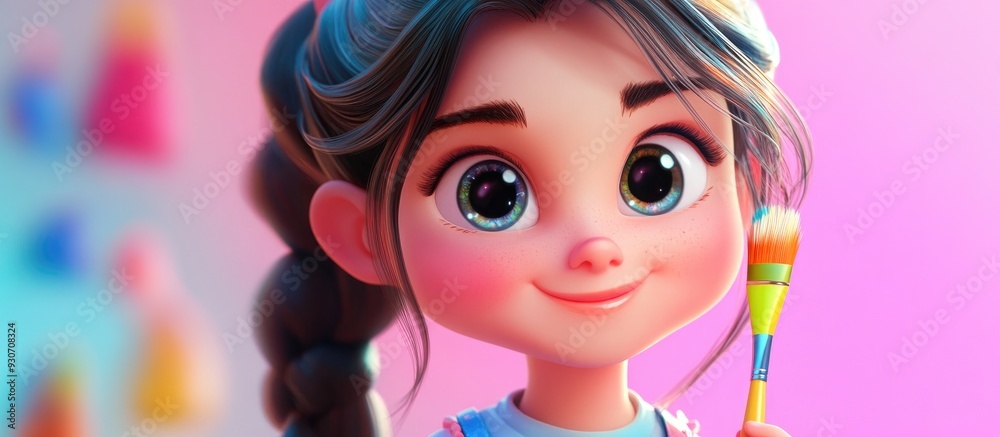 Fototapeta premium 3D cartoon close up of a lovely girl happily using a colorful paintbrush