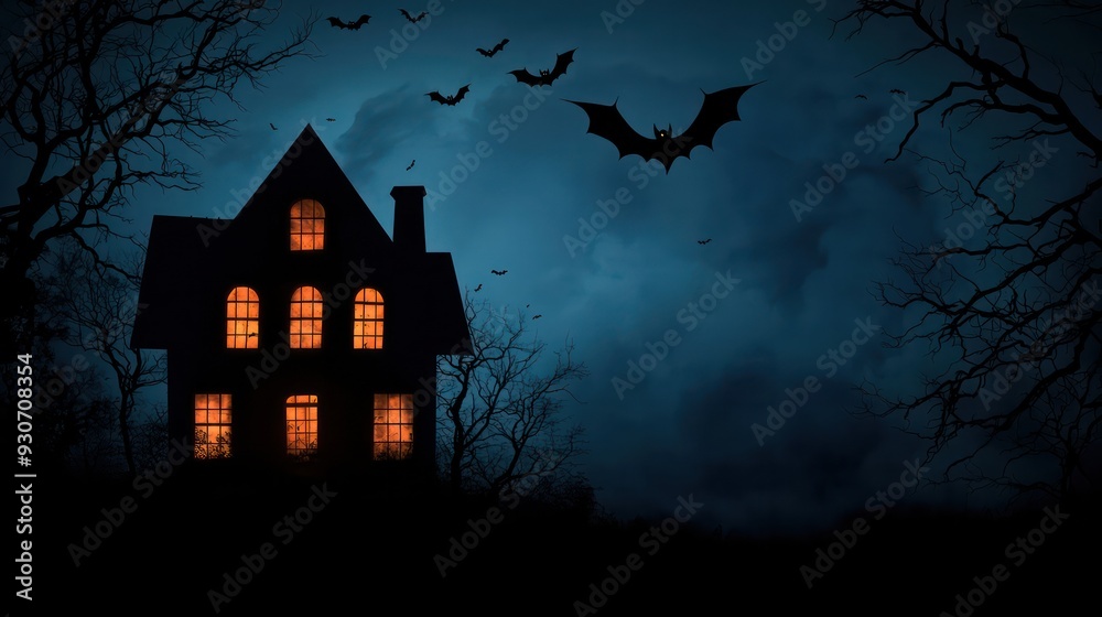 A house with bats flying around it. The house is lit up with lights. Scene is spooky and eerie A house with bats flying around it. The house is lit up with lights. Scene is spooky and eerie