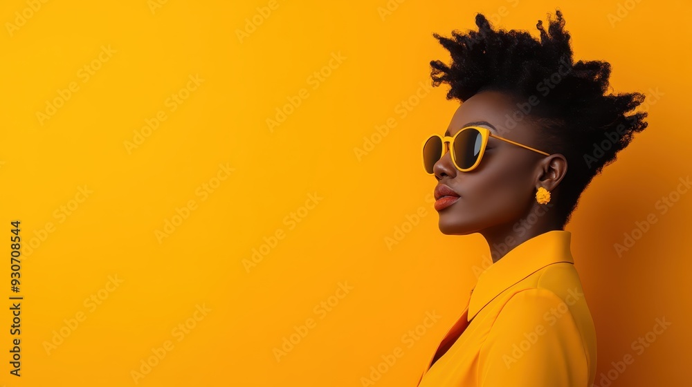 A stylish woman stands in profile wearing matching yellow attire and accessories, projecting confidence and flair against a vibrant and bold monochrome yellow background. A stylish woman stands in profile wearing matching yellow attire and accessories, projecting confidence and flair against a vibrant and bold monochrome yellow background.