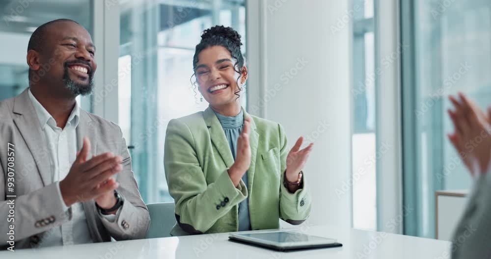 Meeting, handshake and business people with client in office for b2b deal, agreement or partnership. Hr, recruitment and team shaking hands with hiring candidate and clapping for job onboarding.