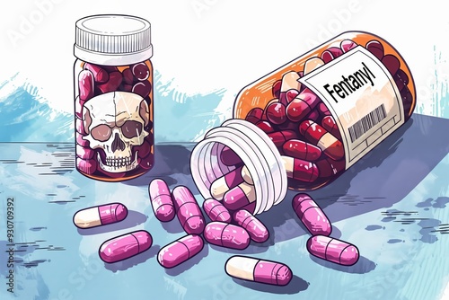 Fentanyl prescription capsules skull and crossbones opioid crisis and painkiller meds, drug addiction epidemic