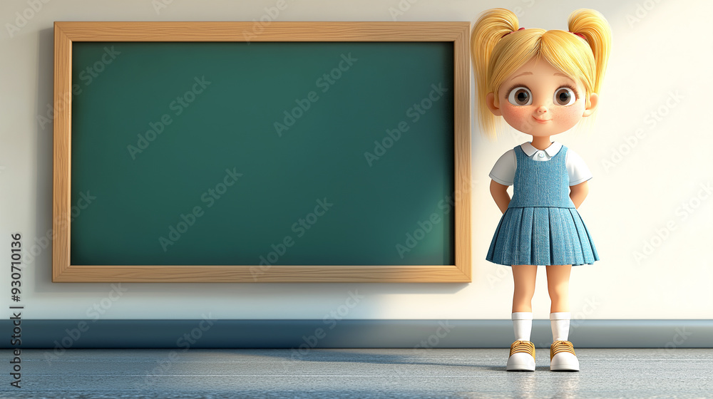 Cute cartoon girl 6 years old with blonde hair, dressed in school uniform, standing near blackboard on light background on right. Cute cartoon girl 6 years old with blonde hair, dressed in school uniform, standing near blackboard on light background on right.