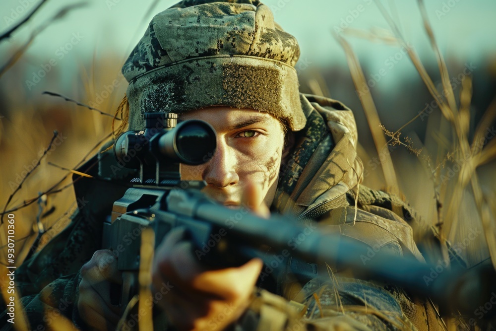 A man in camouflage holds a rifle in a green field, suitable for outdoor adventure or nature photography A man in camouflage holds a rifle in a green field, suitable for outdoor adventure or nature photography