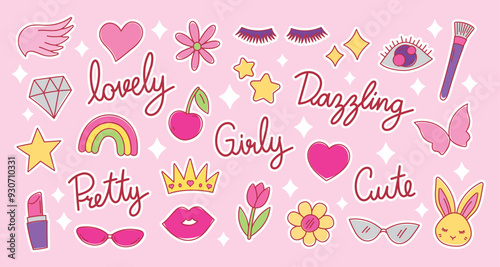cute fashionable hand drawn girly graphic element vector set with white outline for decorating your artwork
