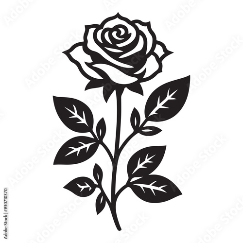 Rose vector art, Rose silhouette, Rose illustration, Rose black and white vector, black and white flower, Rose flower silhouette, Rose flower vector black and white illustration, 