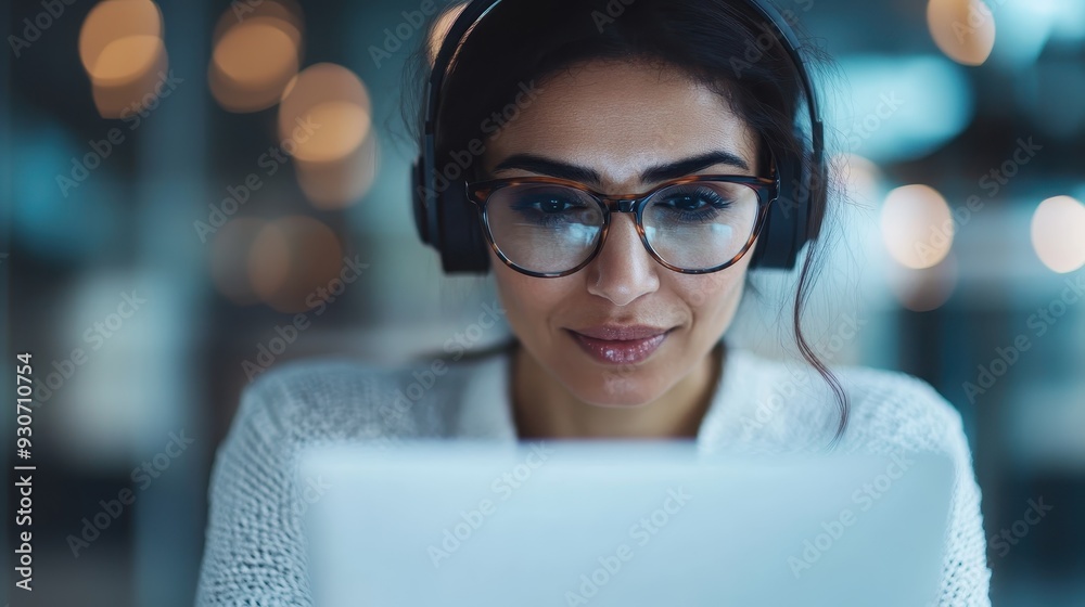 A focused woman wearing headphones, engrossed in her work on a laptop. The background is artfully blurred with bokeh lights, highlighting the work environment and modern lifestyle. A focused woman wearing headphones, engrossed in her work on a laptop. The background is artfully blurred with bokeh lights, highlighting the work environment and modern lifestyle.