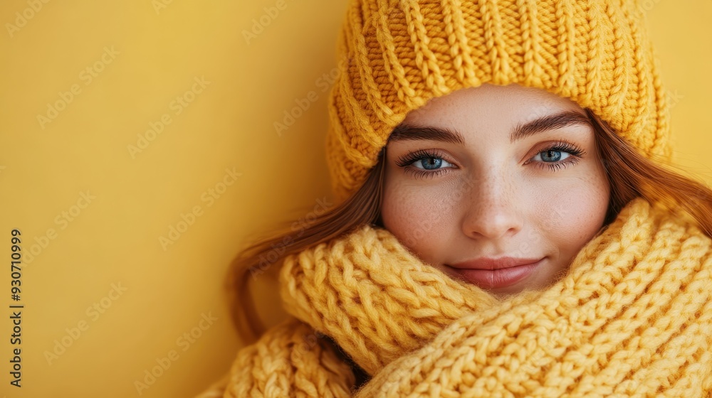 A close-up of a cheerful woman bundled up in yellow knitwear and a matching hat against a yellow background. The image highlights warmth and coziness in a vibrant setting. A close-up of a cheerful woman bundled up in yellow knitwear and a matching hat against a yellow background. The image highlights warmth and coziness in a vibrant setting.